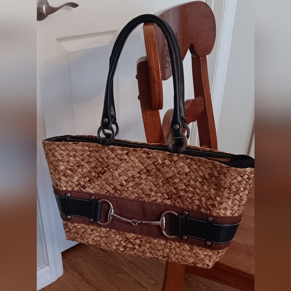 Wicker Tote Bag Brown Black 14" - Picture 1 of 6